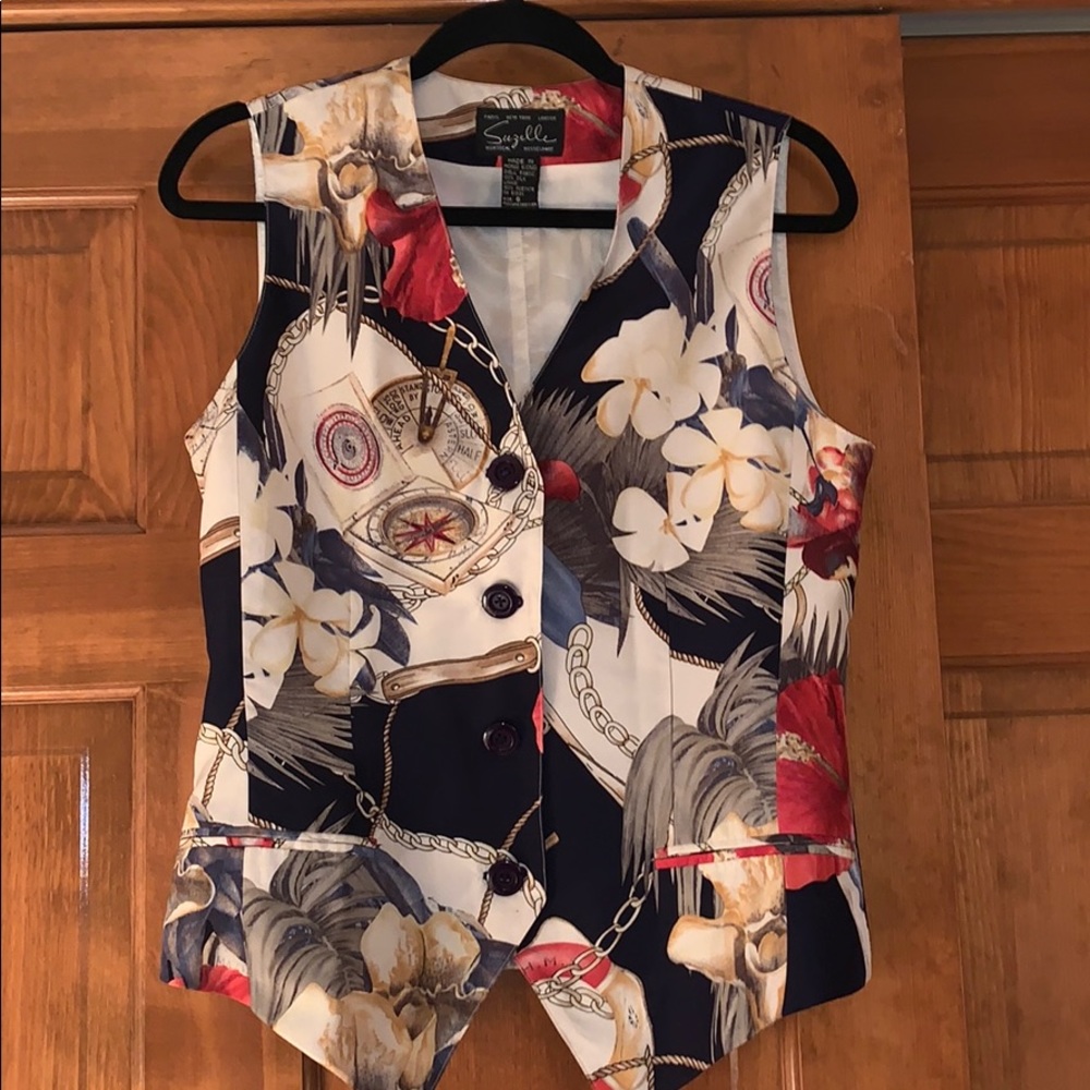 Suzelle Women’s 8 Silk Floral Navy Cream Vest